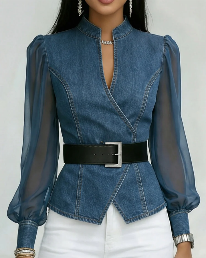 Vessa™ | Denim Top With Chiffon Sleeves